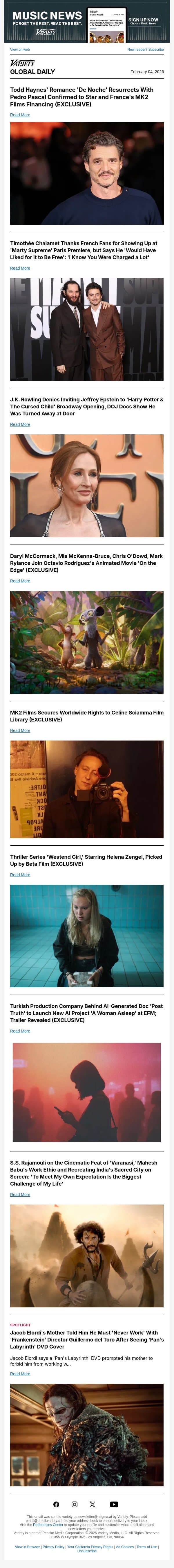 Todd Haynes, Pedro Pascal Film; Timothée Chalamet in Paris; J.K. Rowling and Jeffrey Epstein email from Variety screenshot