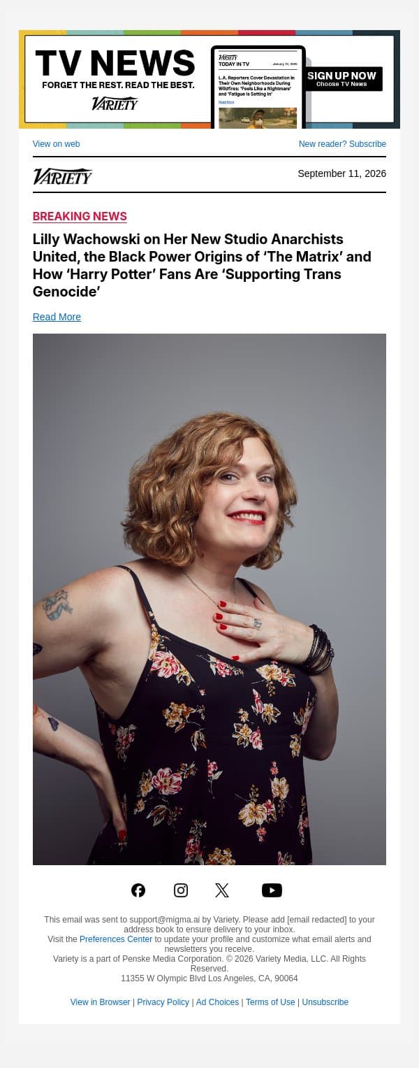 Lilly Wachowski on Her New Studio Anarchists United, the Black Power Origins of ‘The Matrix’ and How ‘Harry Potter’ Fans Are ‘Supporting Trans Genocide’ email from Variety screenshot