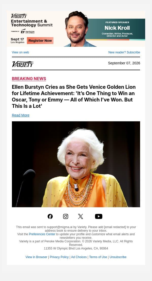 Ellen Burstyn Cries as She Gets Venice Golden Lion for Lifetime Achievement: 'It’s One Thing to Win an Oscar, Tony or Emmy — All of Which I’ve Won. But This Is a Lot' email from Variety screenshot