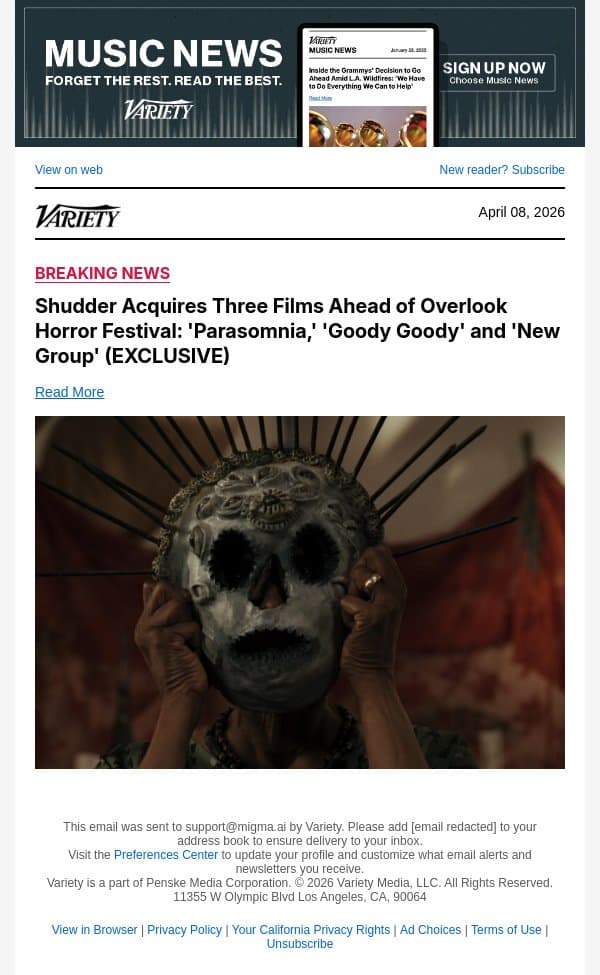 Shudder Acquires Three Films Ahead of Overlook Horror Festival: 'Parasomnia,' 'Goody Goody' and 'New Group' (EXCLUSIVE) email from Variety screenshot
