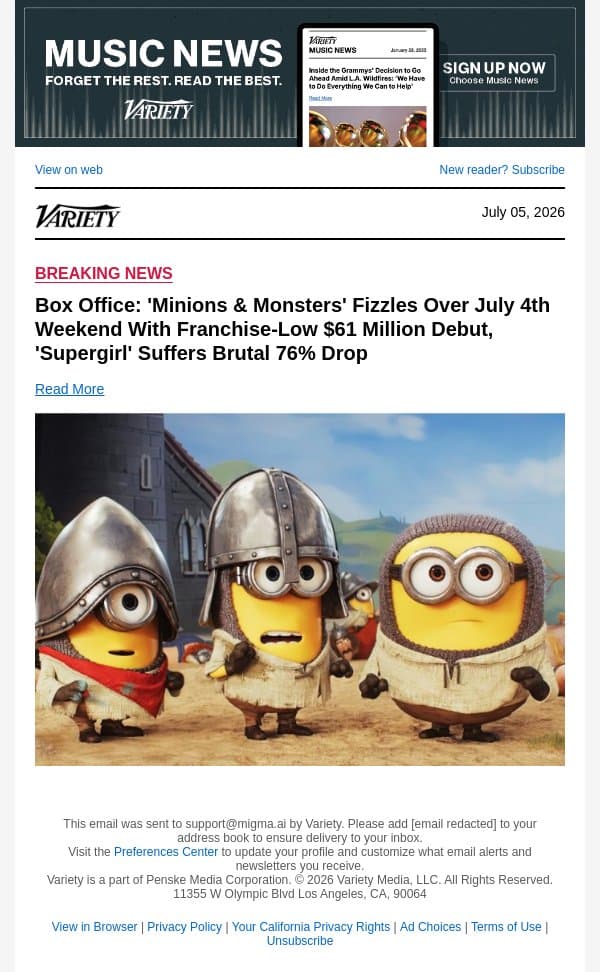 Box Office: 'Minions and Monsters' Fizzles Over July 4th Weekend With Franchise-Low $61 Million Debut, 'Supergirl' Suffers Brutal 76% Drop email from Variety screenshot