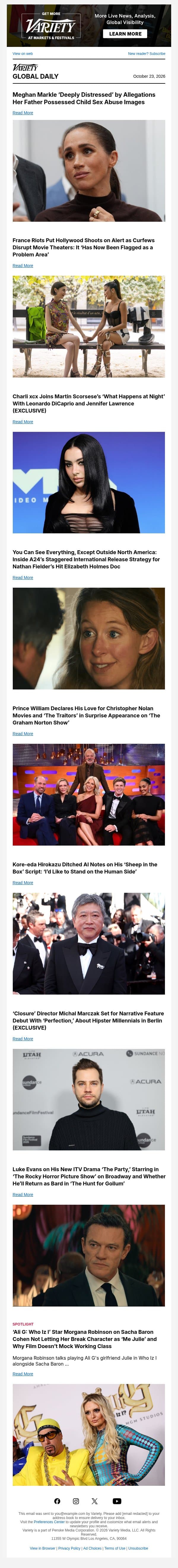Meghan Markle on Father's Allegations; France Riots Put Hollywood Shoots on Alert; Charli xcx Joins Scorsese Film email from Variety screenshot
