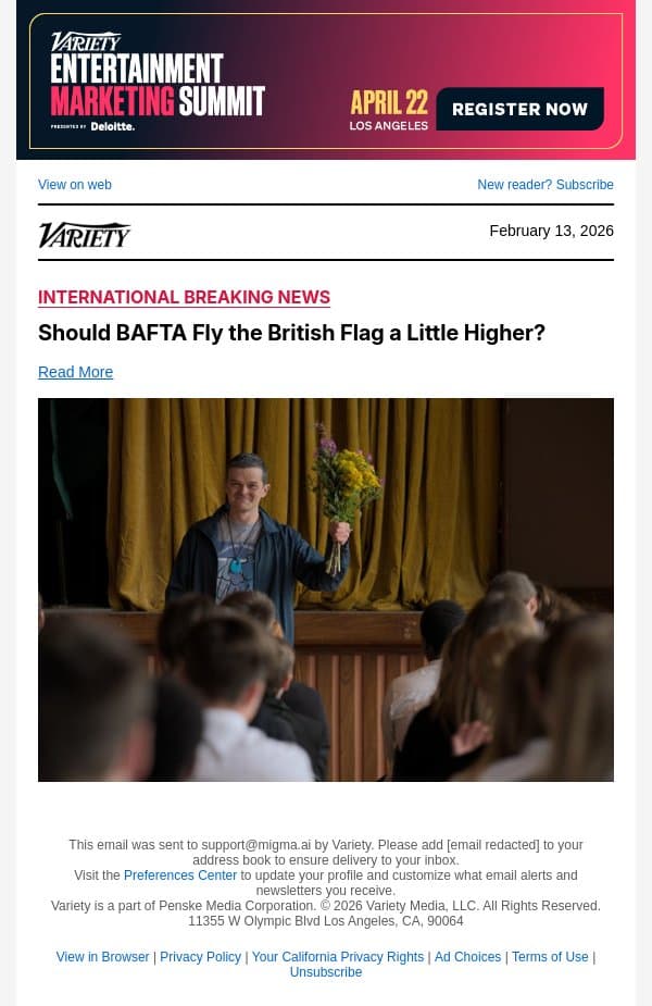 Should BAFTA Fly the British Flag a Little Higher? email from Variety screenshot