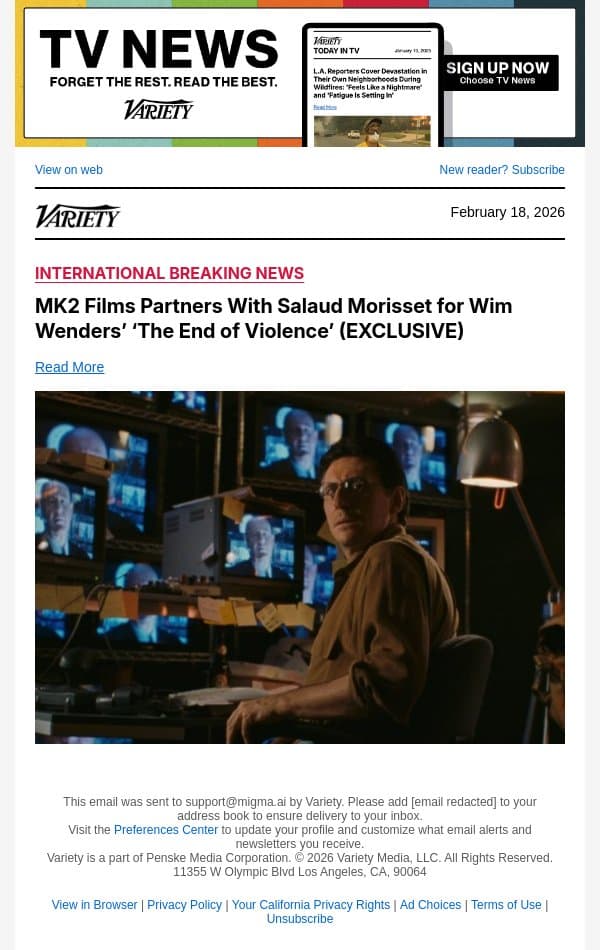 MK2 Films Partners With Salaud Morisset for Wim Wenders’ ‘The End of Violence’ (EXCLUSIVE) email from Variety screenshot