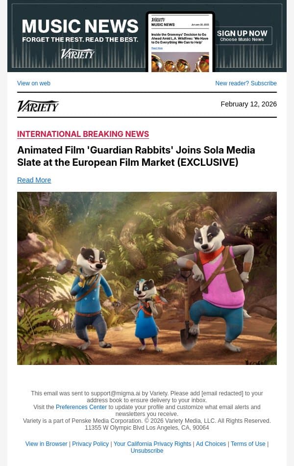 Animated Film 'Guardian Rabbits' Joins Sola Media Slate at the European Film Market (EXCLUSIVE) email from Variety screenshot