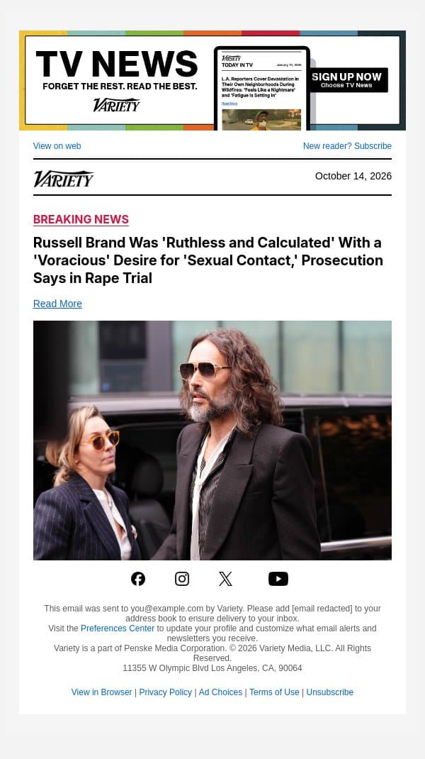 Russell Brand Was 'Ruthless and Calculated' With a 'Voracious' Desire for 'Sexual Contact,' Prosecution Says in Rape Trial email from Variety screenshot