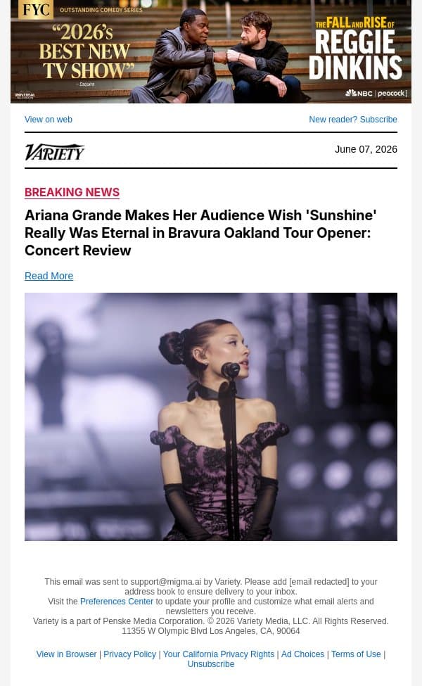 Ariana Grande Makes Her Audience Wish 'Sunshine' Really Was Eternal in Bravura Oakland Tour Opener: Concert Review email from Variety screenshot