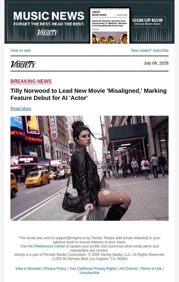 Tilly Norwood to Lead New Movie 'Misaligned,' Marking Feature Debut for AI 'Actor' email from Variety screenshot