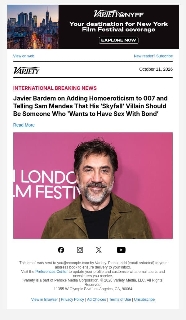 Javier Bardem on Adding Homoeroticism to 007 and Telling Sam Mendes That His ‘Skyfall’ Villain Should Be Someone Who 'Wants to Have Sex With Bond’ email from Variety screenshot