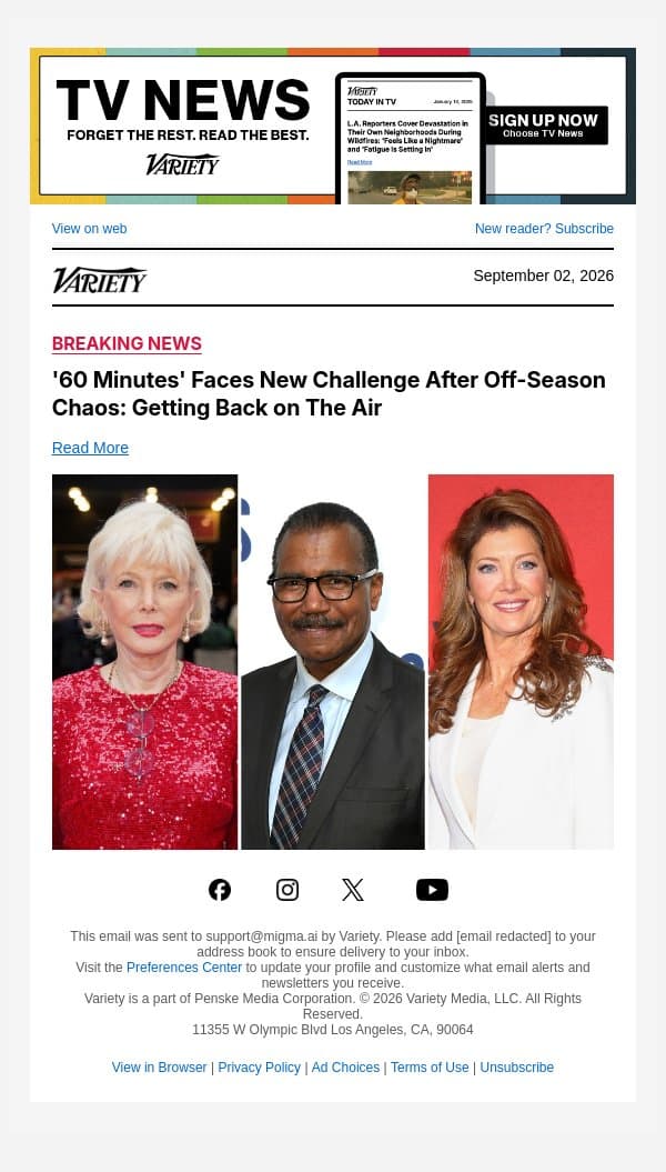 '60 Minutes' Faces New Challenge After Off-Season Chaos: Getting Back on The Air email from Variety screenshot