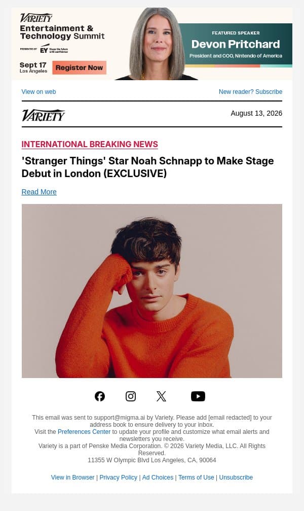 'Stranger Things' Star Noah Schnapp to Make Stage Debut in London (EXCLUSIVE) email from Variety screenshot