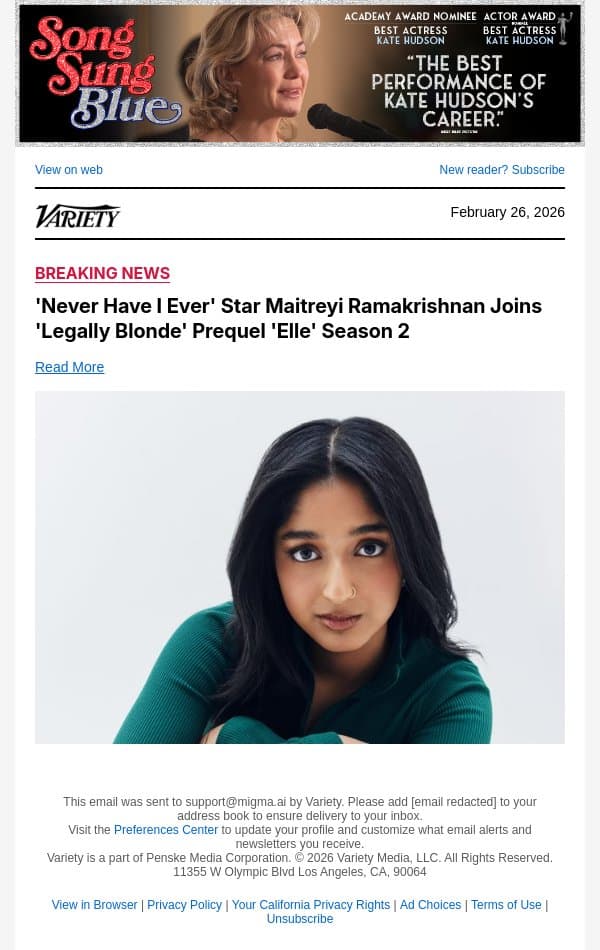 'Never Have I Ever' Star Maitreyi Ramakrishnan Joins 'Legally Blonde' Prequel 'Elle' Season 2 email from Variety screenshot