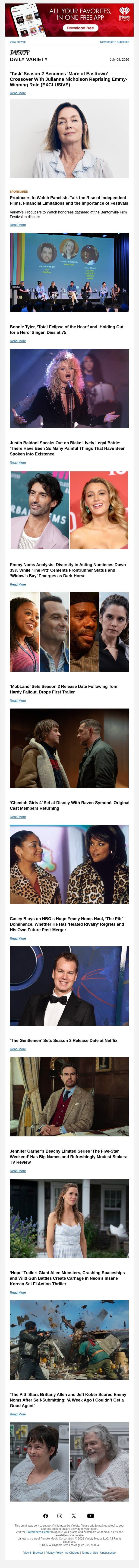 'Task' Sets 'Mare of Easttown' Crossover; Bonnie Tyler Dies; Justin Baldoni Speaks on Blake Lively Lawsuit email from Variety screenshot