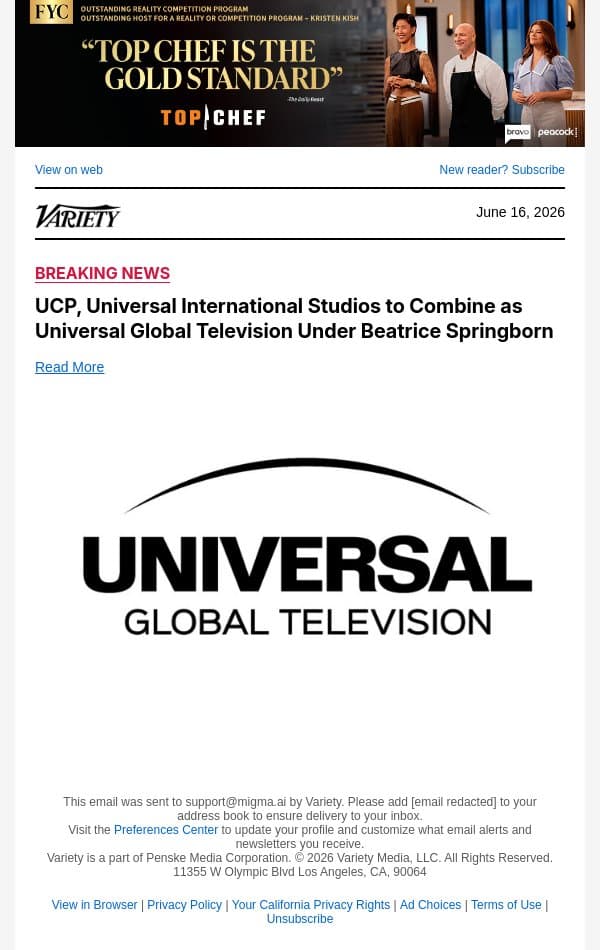 UCP, Universal International Studios to Combine as Universal Global Television Under Beatrice Springborn email from Variety screenshot