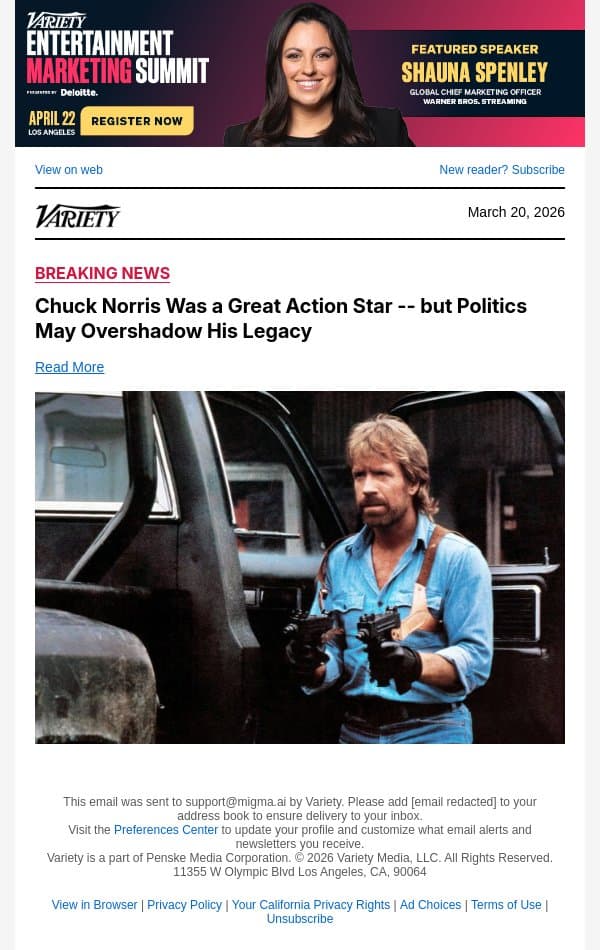 Chuck Norris Was a Great Action Star -- but Politics May Overshadow His Legacy email from Variety screenshot