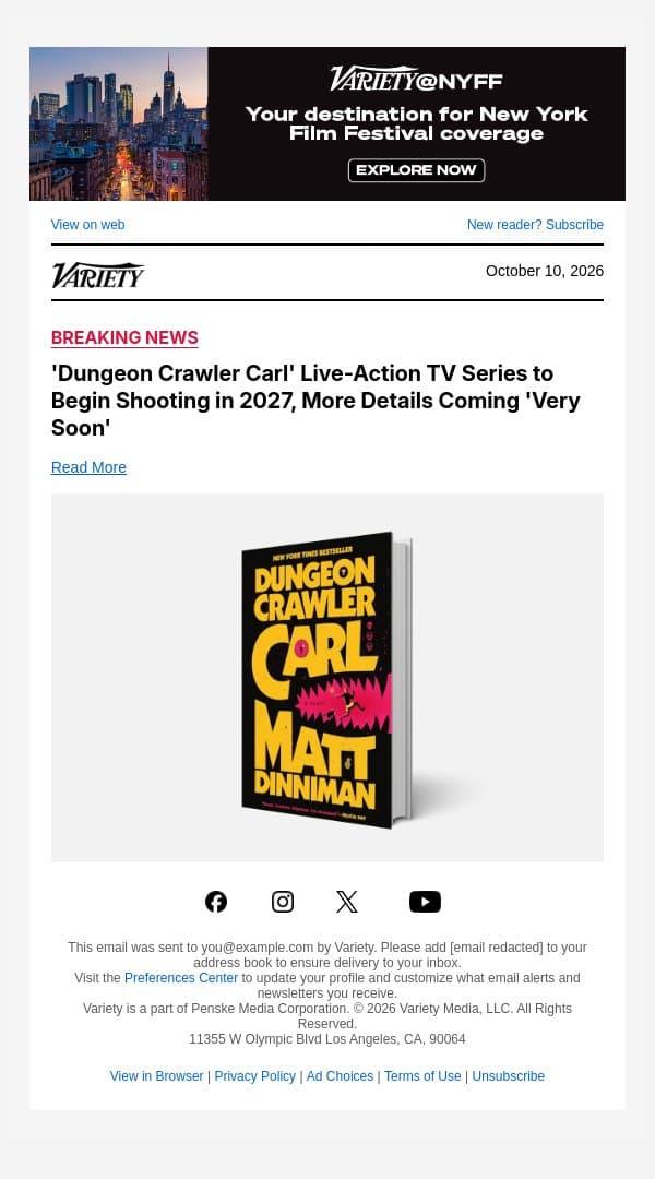 'Dungeon Crawler Carl' Live-Action TV Series to Begin Shooting in 2027, More Details Coming 'Very Soon' email from Variety screenshot