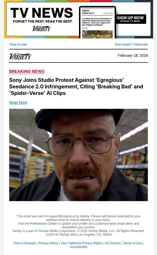 Sony Joins Studio Protest Against 'Egregious' Seedance 2.0 Infringement, Citing 'Breaking Bad' and 'Spider-Verse' AI Clips email from Variety screenshot