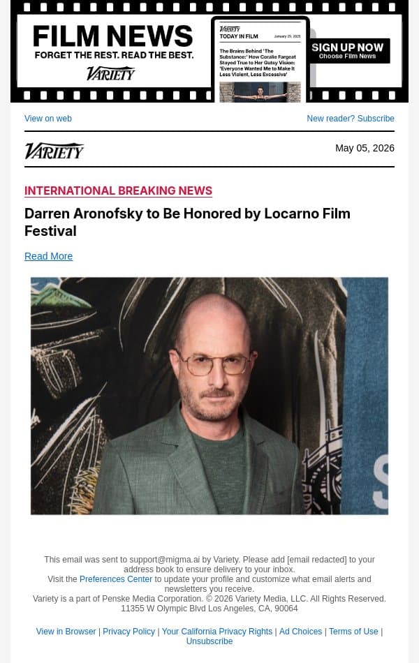 Darren Aronofsky to Be Honored by Locarno Film Festival email from Variety screenshot