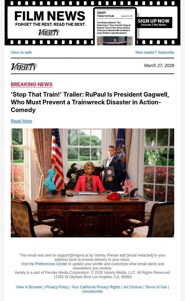 'Stop That Train!' Trailer: RuPaul Is President Gagwell, Who Must Prevent a Trainwreck Disaster in Action-Comedy email from Variety screenshot