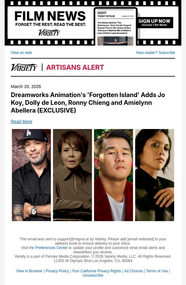 Dreamworks Animation's 'Forgotten Island' Adds Jo Koy, Dolly de Leon, Ronny Chieng and Amielynn Abellera (EXCLUSIVE) email from Variety screenshot