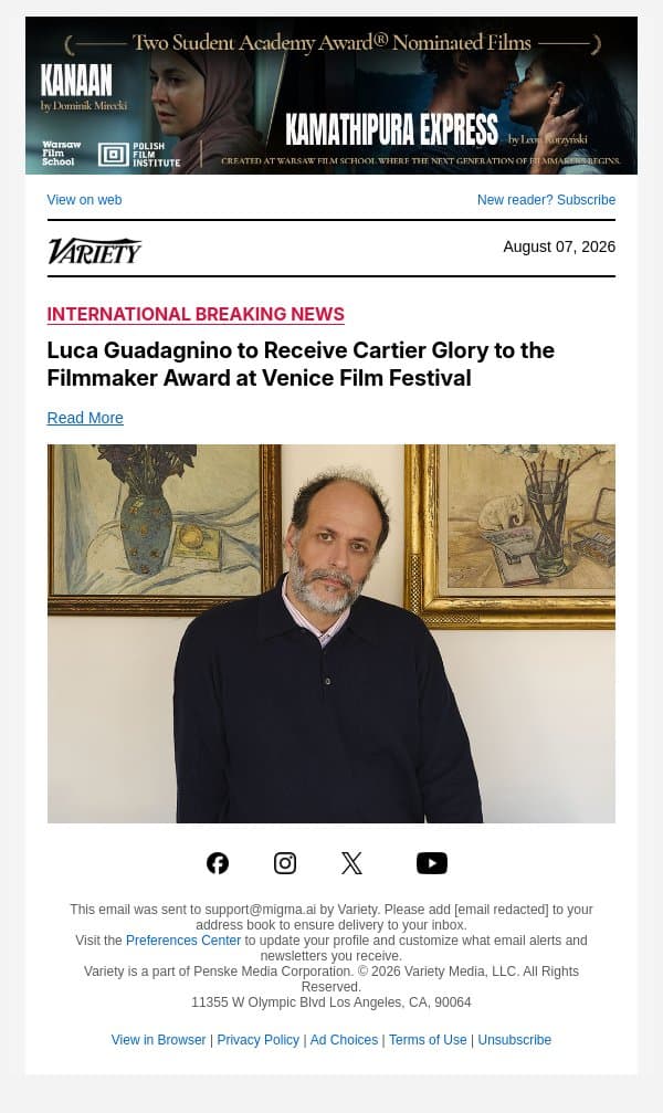 Luca Guadagnino to Receive Cartier Glory to the Filmmaker Award at Venice Film Festival email from Variety screenshot