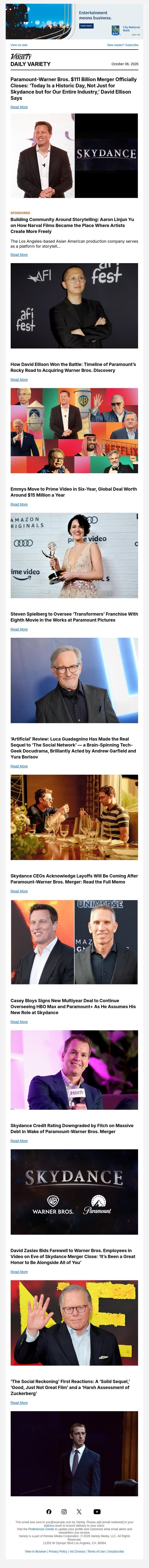 Skydance Merger Closes; How David Ellison Won the Battle; Emmys Move to Prime Video in 6-Year Deal email from Variety screenshot