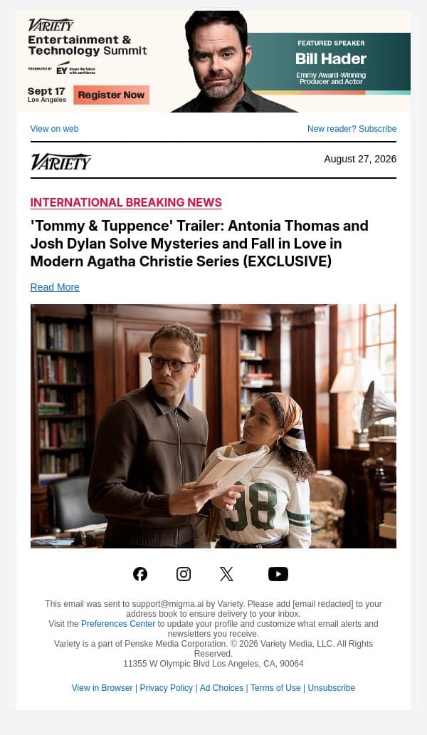 'Tommy & Tuppence' Trailer: Antonia Thomas and Josh Dylan Solve Mysteries and Fall in Love in Modern Agatha Christie Series (EXCLUSIVE) email from Variety screenshot