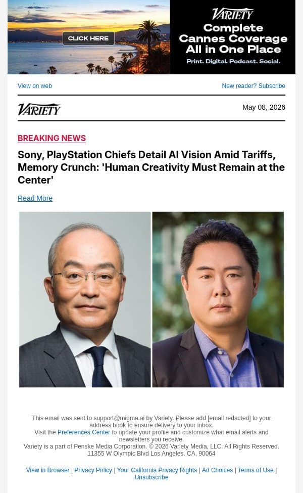 Sony, PlayStation Chiefs Detail AI Vision Amid Tariffs, Memory Crunch: 'Human Creativity Must Remain at the Center' email from Variety screenshot