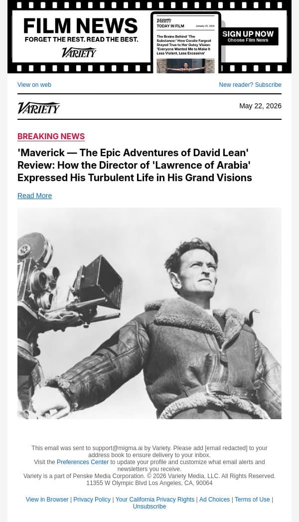 'Maverick — The Epic Adventures of David Lean' Review: How the Director of 'Lawrence of Arabia' Expressed His Turbulent Life in His Grand Visions email from Variety screenshot