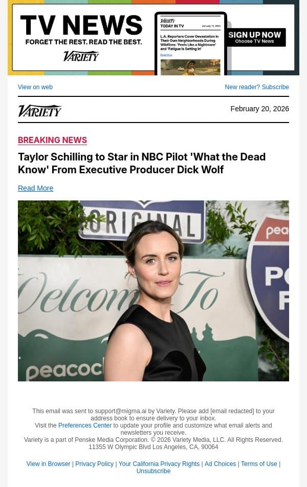 Taylor Schilling to Star in NBC Pilot 'What the Dead Know' From Executive Producer Dick Wolf email from Variety screenshot