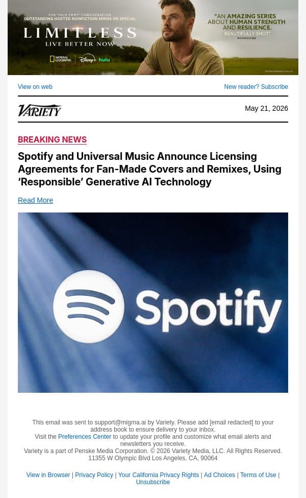 Spotify and Universal Music Announce Licensing Agreements for Fan-Made Covers and Remixes, Using ‘Responsible’ Generative AI Technology email from Variety screenshot
