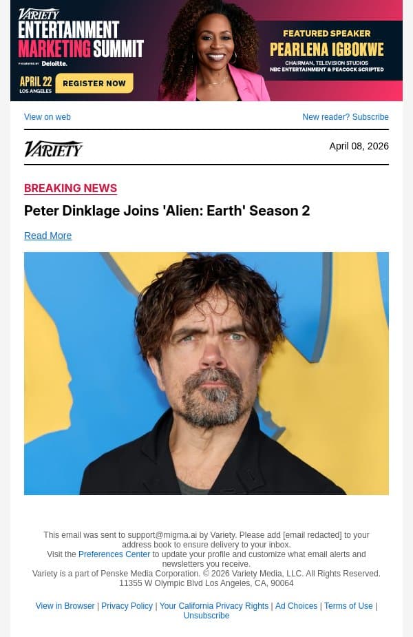 Peter Dinklage Joins 'Alien: Earth' Season 2 email from Variety screenshot