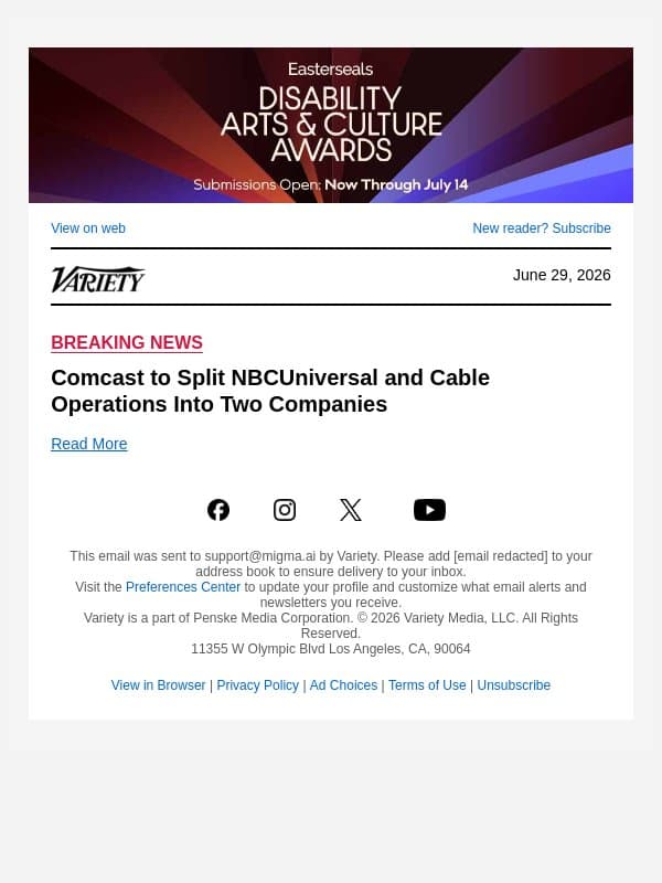 Comcast to Split NBCUniversal and Cable Operations Into Two Companies email from Variety screenshot