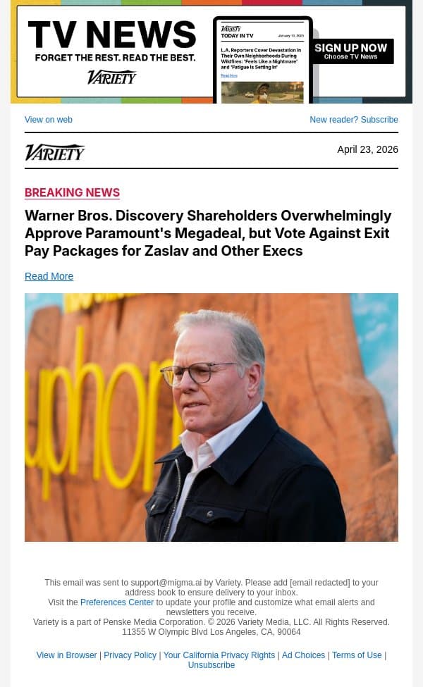 Warner Bros. Discovery Shareholders Overwhelmingly Approve Paramount's Megadeal, but Vote Against Exit Pay Packages for Zaslav and Other Execs email from Variety screenshot
