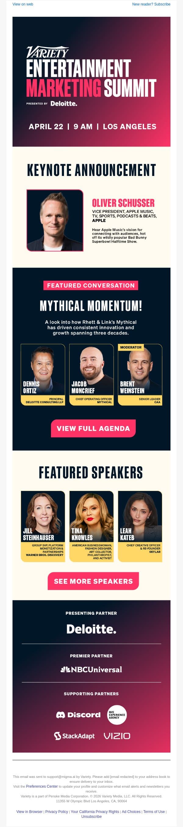 Apple Services VP Oliver Schusser Joins Variety's Entertainment Marketing Summit - April 22 email from Variety screenshot