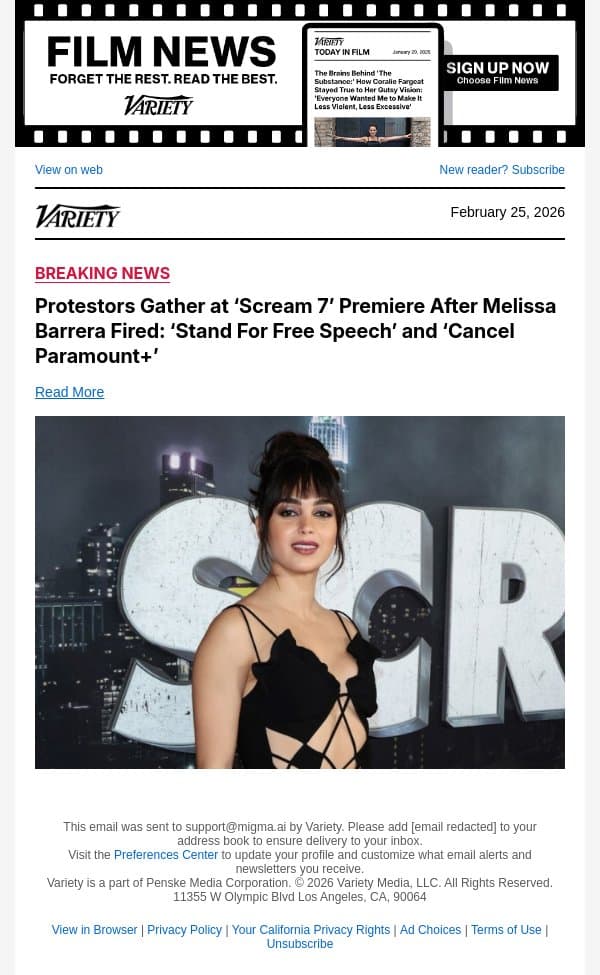 Protestors Gather at ‘Scream 7’ Premiere After Melissa Barrera Fired: ‘Stand For Free Speech’ and ‘Cancel Paramount+’ email from Variety screenshot