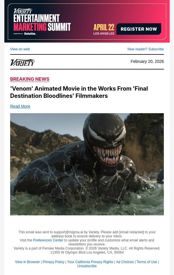 'Venom' Animated Movie in the Works From 'Final Destination Bloodlines' Filmmakers email from Variety screenshot