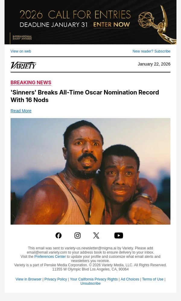 'Sinners' Breaks All-Time Oscar Nomination Record With 16 Nods email from Variety screenshot