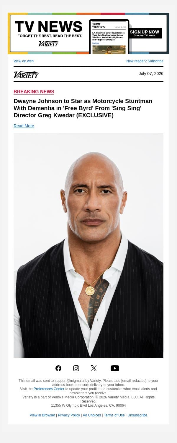Dwayne Johnson to Star as Motorcycle Stuntman With Dementia in 'Free Byrd' From 'Sing Sing' Director Greg Kwedar (EXCLUSIVE) email from Variety screenshot