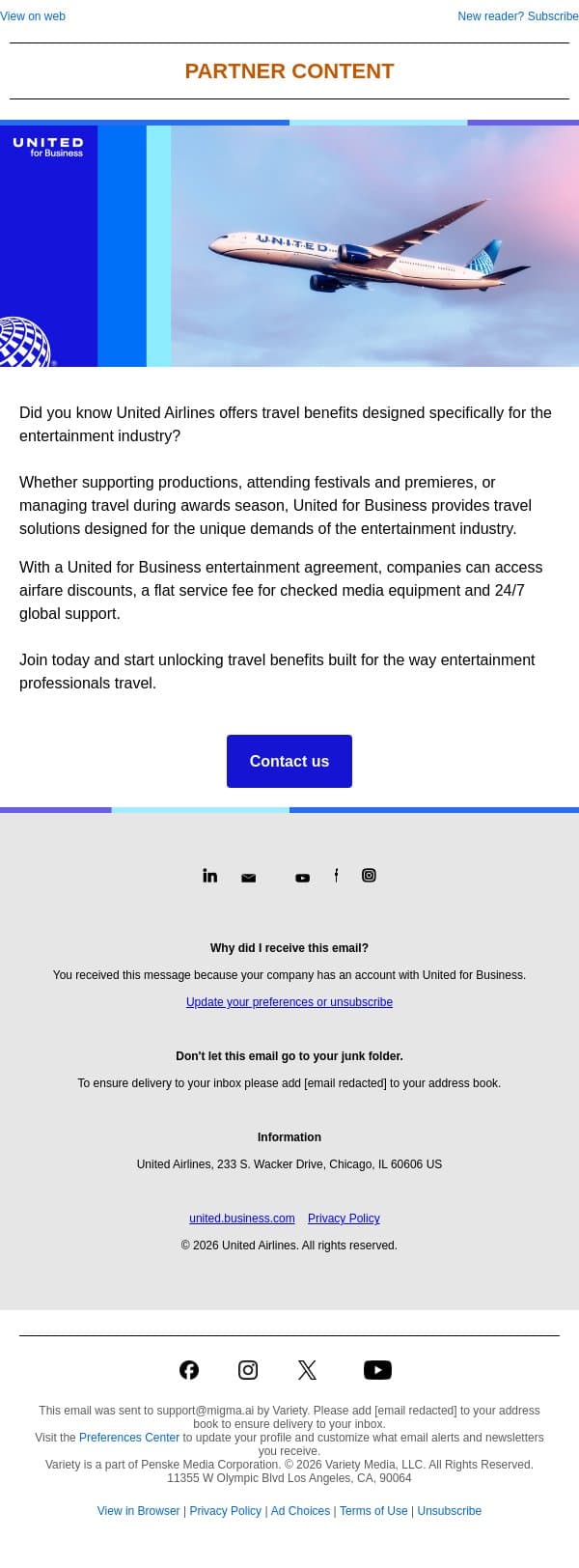 United offers travel benefits for the entertainment industry email from Variety screenshot