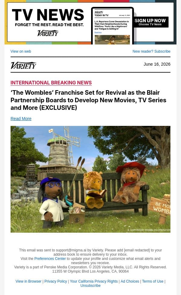 ‘The Wombles’ Franchise Set for Revival as the Blair Partnership Boards to Develop New Movies, TV Series and More (EXCLUSIVE) email from Variety screenshot