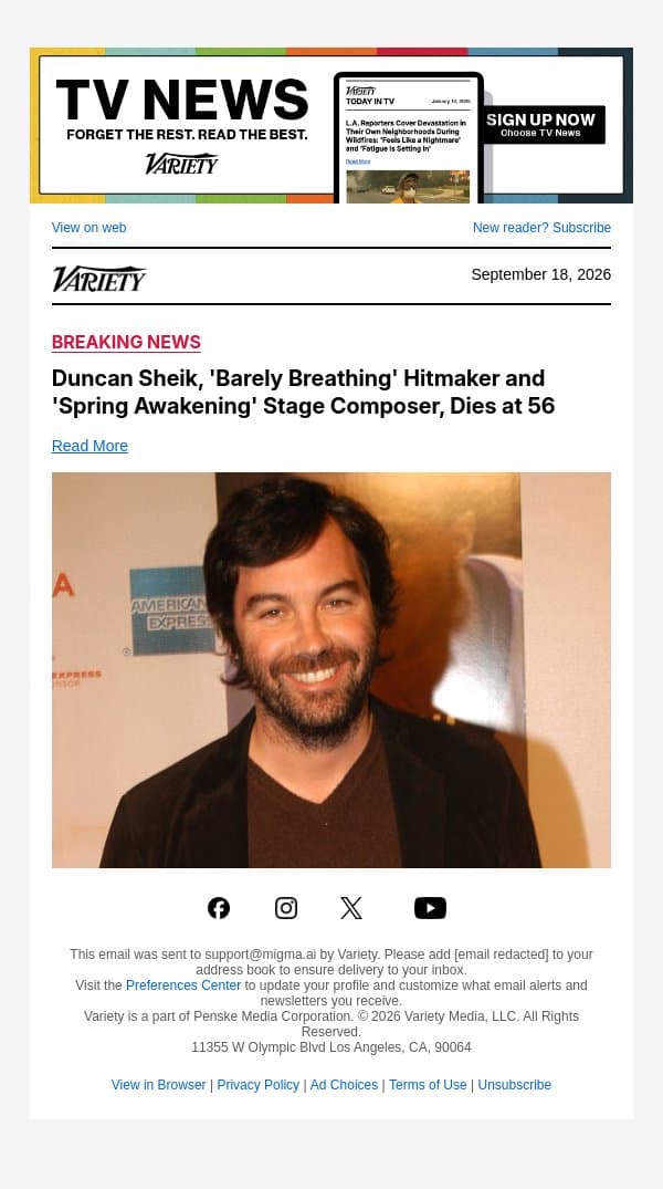 Duncan Sheik, 'Barely Breathing' Hitmaker and 'Spring Awakening' Stage Composer, Dies at 56 email from Variety screenshot
