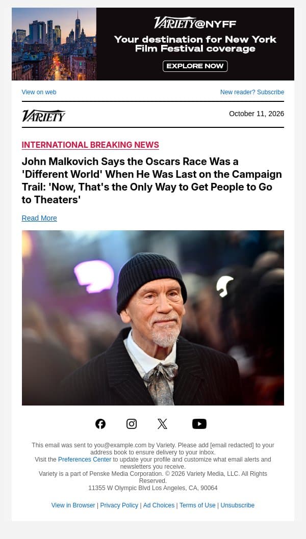 John Malkovich Says the Oscars Race Was a 'Different World' When He Was Last on the Campaign Trail: 'Now, That's the Only Way to Get People to Go to Theaters' email from Variety screenshot