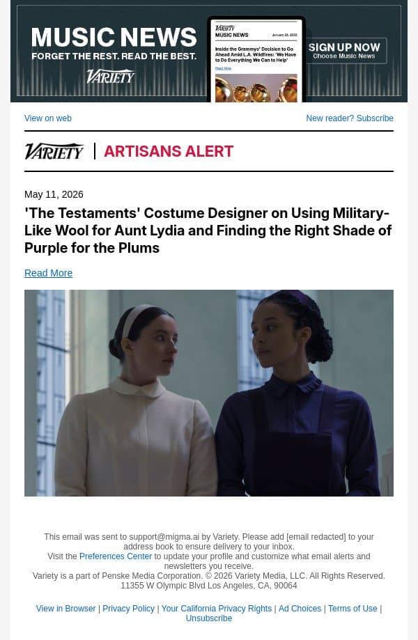 'The Testaments' Costume Designer on Using Military-Like Wool for Aunt Lydia and Finding the Right Shade of Purple for the Plums email from Variety screenshot