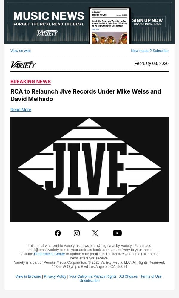 RCA to Relaunch Jive Records Under Mike Weiss and David Melhado email from Variety screenshot