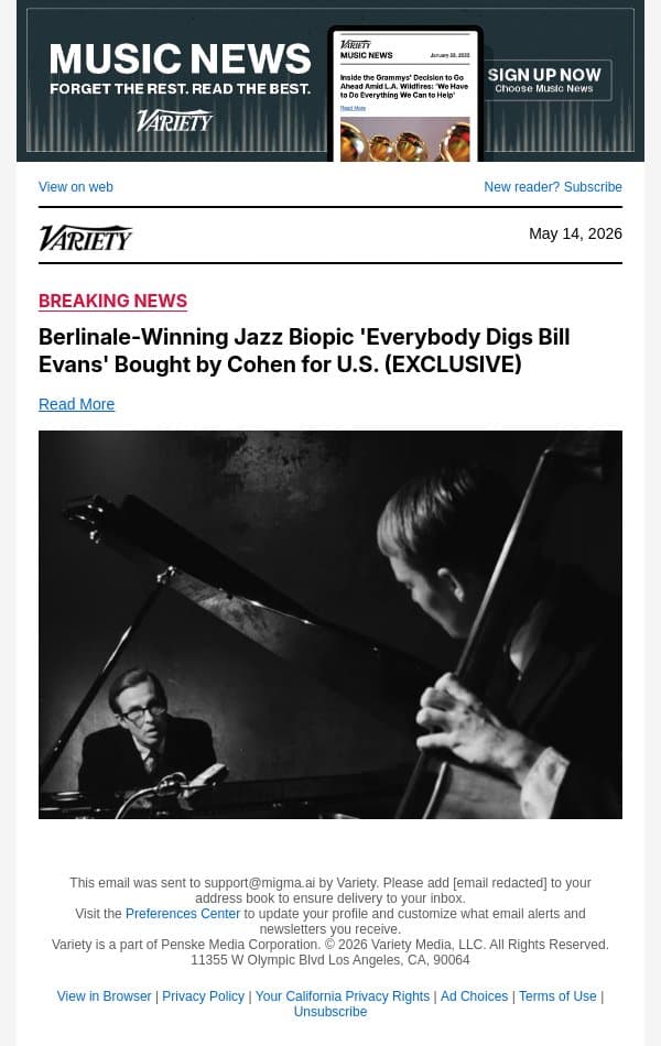 Berlinale-Winning Jazz Biopic 'Everybody Digs Bill Evans' Bought by Cohen for U.S. (EXCLUSIVE) email from Variety screenshot