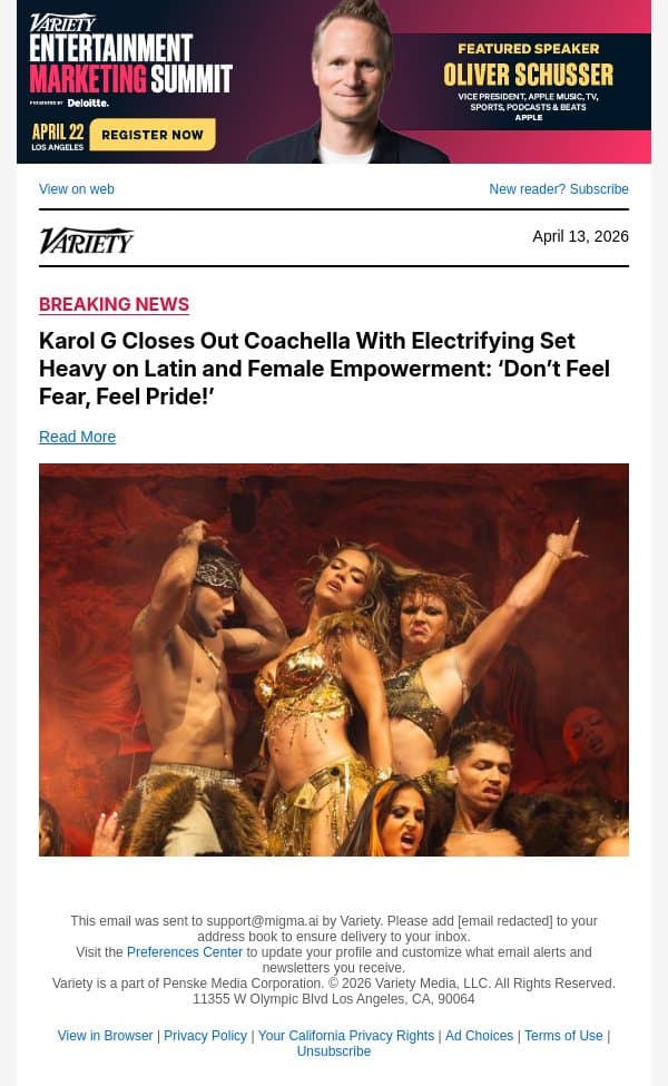 Karol G Closes Out Coachella With Electrifying Set Heavy on Latin and Female Empowerment: ‘Don’t Feel Fear, Feel Pride!’ email from Variety screenshot