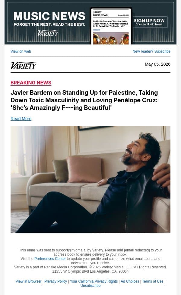 COVER STORY | Javier Bardem on Standing Up for Palestine, Taking Down Toxic Masculinity and Loving Penelope Cruz: 'She’s Amazingly F---ing Beautiful' email from Variety screenshot