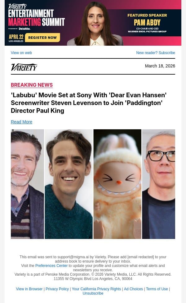 'Labubu' Movie Set at Sony With 'Dear Evan Hansen' Screenwriter Steven Levenson to Join 'Paddington' Director Paul King email from Variety screenshot