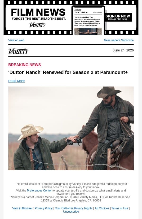 'Dutton Ranch' Renewed for Season 2 at Paramount+ email from Variety screenshot